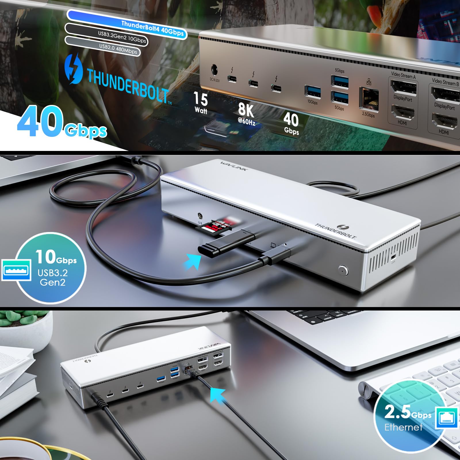 WAVLINK Docking Station Thunderbolt 4, Com Quatro Monitores 4K A